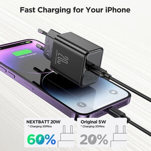 Lightning- til USB-C-lader 20 W med kabel, 1 m, svart
