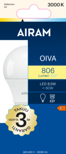 LED-lamppu E27 8,5 W Airam Oiva, lämpimän valkoinen