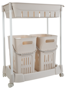 Rullavaunu, jossa 2 pyykkikoria ja 1 kori, 52,5 x 34 x 70 cm