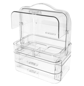 Kannettava meikkiteline, laatikot, kirkasta muovia