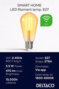 Deltaco Smart Home LED-filament E27, WiFi, 5,5 W