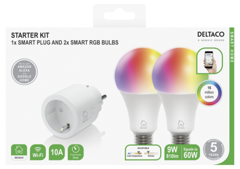 Deltaco Smart Home WiFi sett, smart-plug og 2 x E27 RGB LED-pærer