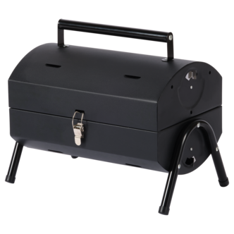 Liten, portabel kolgrill med lock och dubbla grillytor