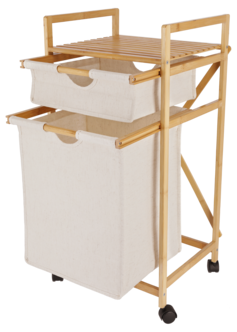 Tvättkorg på hjul med hylla och 2 utdragbara korgar