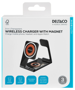 Deltaco 3-i-1 trådlös laddare med magnet, 15 W