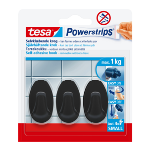 Tesa självhäftande krok oval 1 kg, small, svart, 3-p