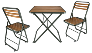 Cafeset utomhus, bord och 2 stolar, grön metall, trä