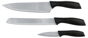 Knivsett med 3 kniver: kokkekniv, brødkniv og skrellekniv