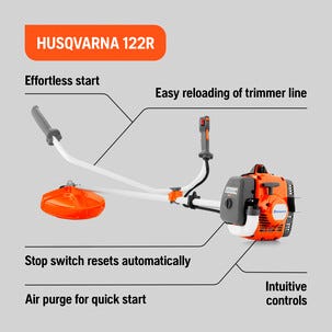 Husqvarna 122R bensindrevet ryddesag med trimmerhode og sele