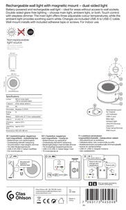 Vägglampa uppladdningsbar, dimbar LED, USB , vit