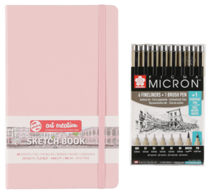 Skisseblokk og 8 Pigma Micron penner, Sakura
