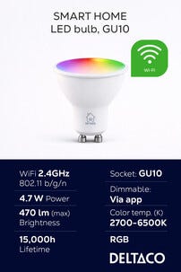 Deltaco Smart LED-pære GU10 RGB wifi, 4,7 W, dimbar