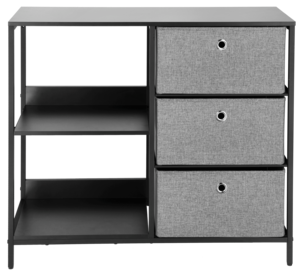Lav hylle i metall med skuffer i tekstil, svart