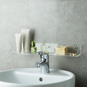 Imukuppihylly kylpyhuoneeseen, hanan ympärille, kirkasta muovia 