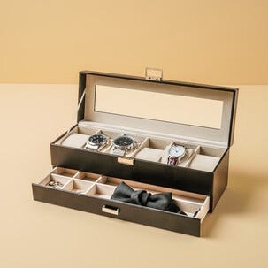 Miesten kellolaatikko 6 kellolle ja tarvikkeille, tekonahka