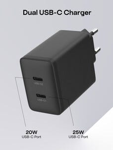 Lader USB-C 2 porter GaN PD, 45 W