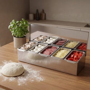 Toppingsstasjon pizza, 5 beholdere i rustfritt stål