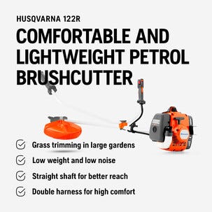 Husqvarna 122R bensindrevet ryddesag med trimmerhode og sele