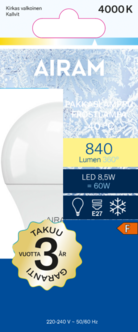 Airam Frost LED-lamppu E27, 8,5 W, neutraalin valkoinen