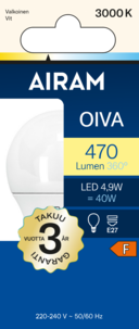 LED-lamppu E27 4,9 W Airam Oiva, lämpimän valkoinen