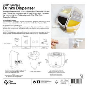 Drikkedispenser med 4 tappekraner, lokk og dreiebrett, 5,5 liter