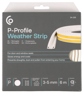 Tetningslist, P-profil hvit, 3–5 mm