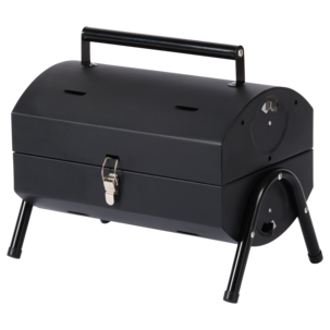 Liten, portabel kolgrill med lock och dubbla grillytor
