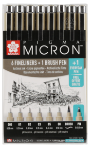 Skisseblokk og 8 Pigma Micron penner, Sakura