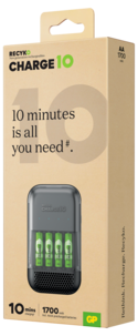 Batterilader inklusive 4 batterier, GP ReCyko Charge 10