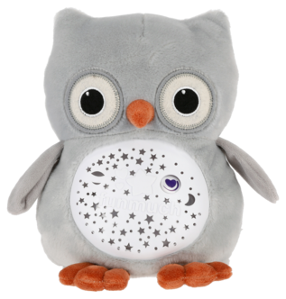 Pehmolelu Pöllö, jossa yövalo ja musiikkia