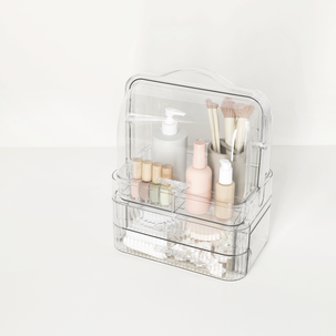 Kannettava meikkiteline, laatikot, kirkasta muovia