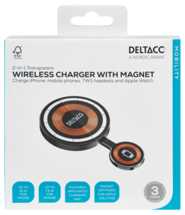 Deltaco 2-i-1 trådlös laddare med magnet, 15W