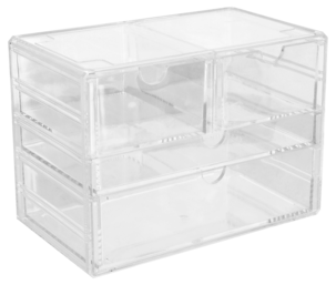 Meikkiteline, jossa 4 laatikkoa, laatikosto kirkasta muovia