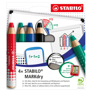 Stabilo MarkDry tusjer til whiteboard, flipover, 4-pakning