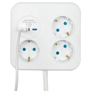 Grenuttag 3-vägs med USB-A och USB-C, 1,4 meter