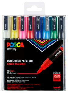 Posca PC-3M Kynä, perusvärit, 8 kpl, 0,9–1,3 mm