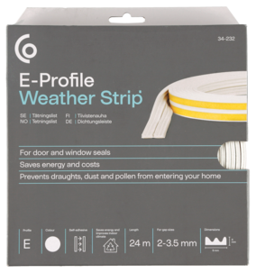 Tetningslist, E-profil hvit, 2–3,5 mm