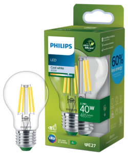 Kaldhvit LED-pære E27 A60 2,3 W, Philips Ultra Efficient