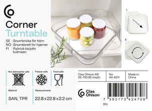 Roterende brett for hjørne, Lazy Susan, firkantet, 22,8 x 22,8 cm