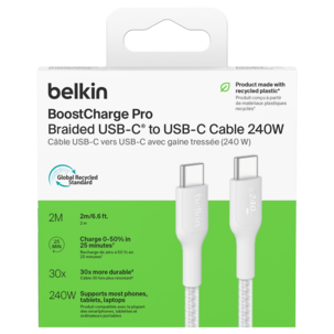 Belkin BoostCharge Pro Braided flettet USB-C-kabel 240W, hvit