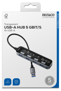 Deltaco USB-A hub med 4 portar, transparent, UH-736
