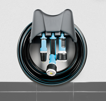 Slanghållare vattenslang, fack för tillbehör, plast