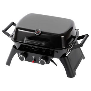 Liten, portabel gasolgrill, 2 brännare och termometer