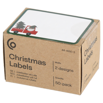 Juletiketter på rulle julmotiv med tomte, 50-pack