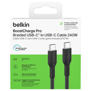 Belkin BoostCharge Pro Braided flettet USB-C-kabel 240W, svart