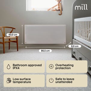 Mill panelelement med termostat, glas, vit