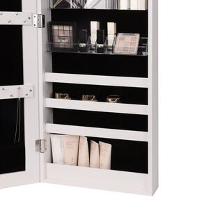 Ripustettava kaappi koruille ja meikeille peilillä, valkoinen