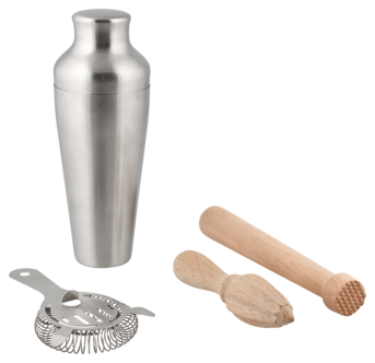 Cocktail shaker -setti, 4 osaa, ruostumaton teräs ja puu