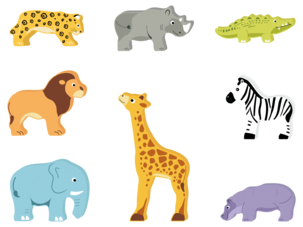 Lekesett med safaridyr i tre med hylle, fra 3 år