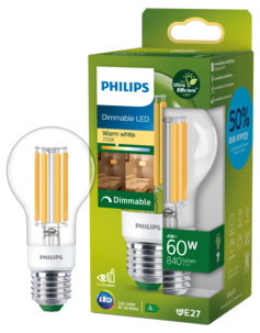 Varmvit dimbar LED-lampa E27 A60 4 W, Philips Ultra Efficient